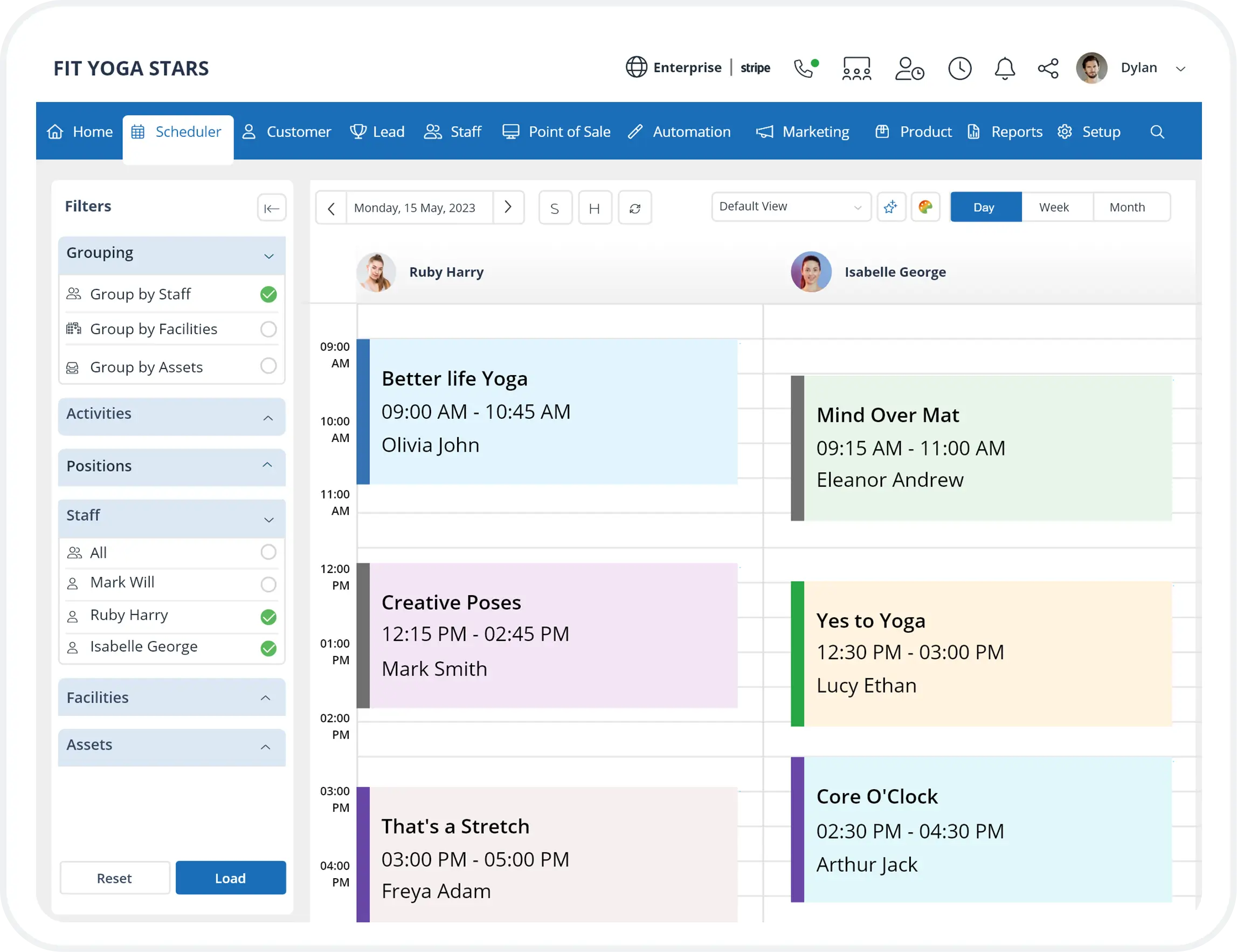 Yoga studio software with scheduling for staff management